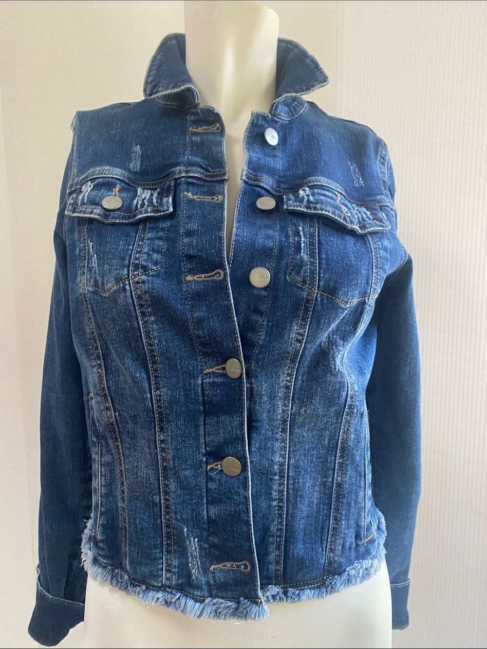 Classic Dark Blue Denim Jacket with Frayed Hem